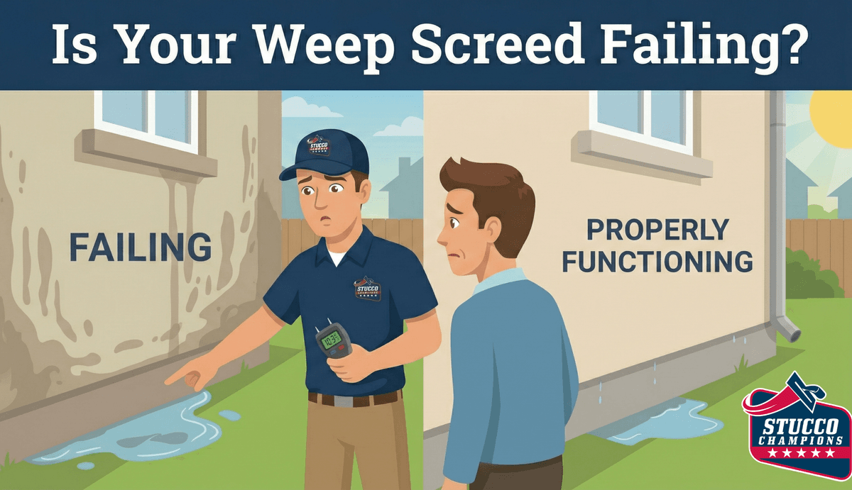 Cartoon illustration of Stucco Champions inspecting a failing weep screed for stucco repair in Southern California.