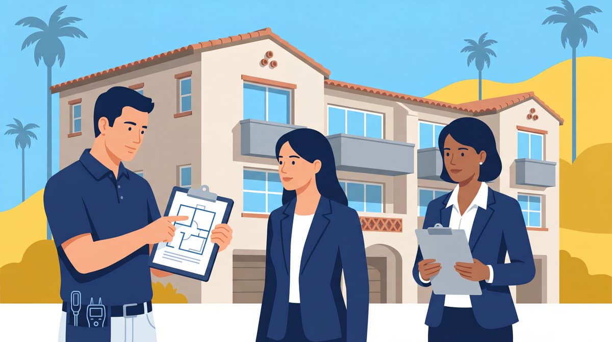 Stucco Champions professional inspecting stucco damage in a high-end Southern California HOA community.