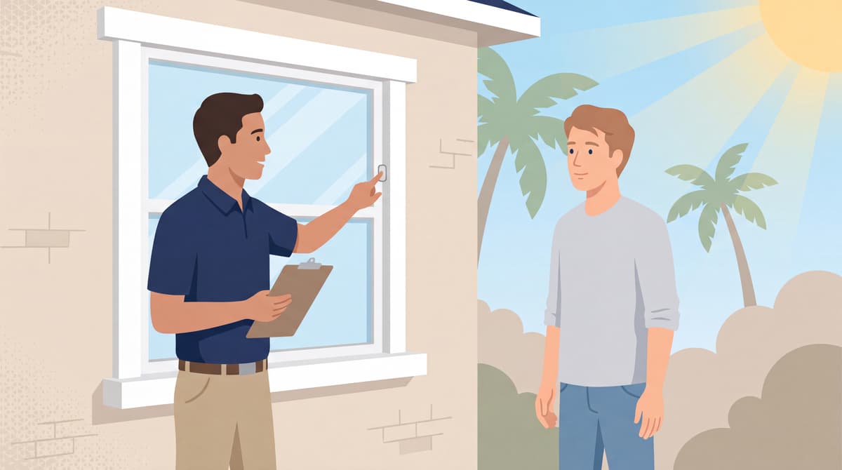 Stucco contractor explaining window sealant and stucco inspection details to a homeowner outside a Southern California stucco home