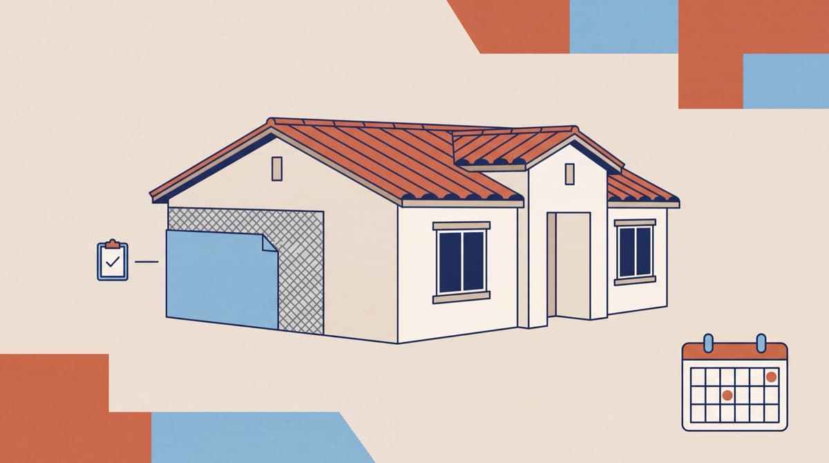 Illustration of a Southern California stucco home with one wall section cut away to show the building paper and lath beneath, alongside an inspection clipboard and a calendar