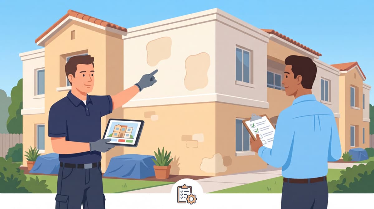 Stucco contractor and property manager reviewing multifamily stucco repair areas and a project checklist