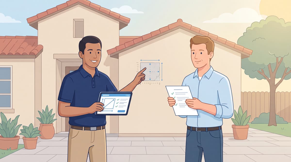 Stucco contractor reviewing a repair estimate scope with a homeowner outside a Southern California stucco home