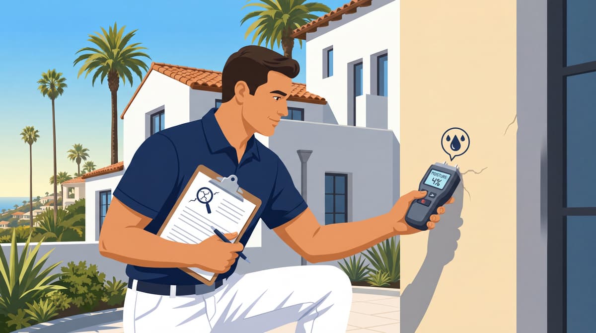 Stucco Champions professional inspecting home exterior for insurance covered stucco repair in Southern California.