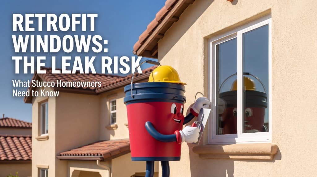 Bucco the Stucco Champions mascot inspecting retrofit window seams for leak risks on a stucco home exterior.