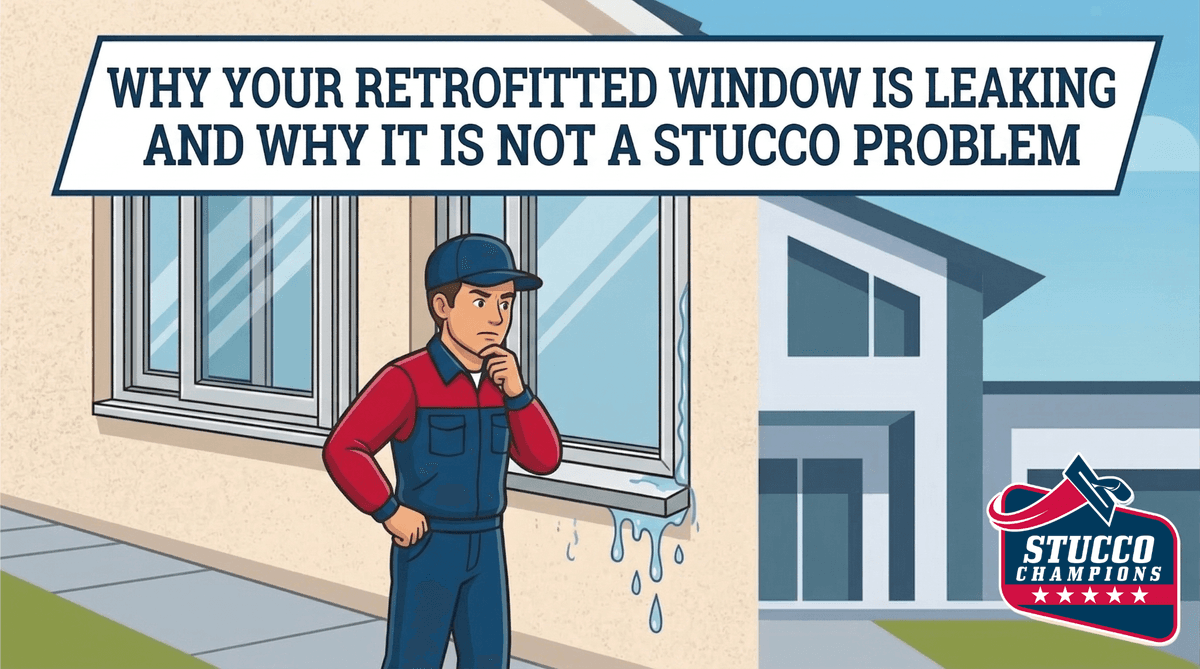 Cross section comparison showing a retrofitted window relying on caulking versus a new construction window integrated into 60 minute building paper.