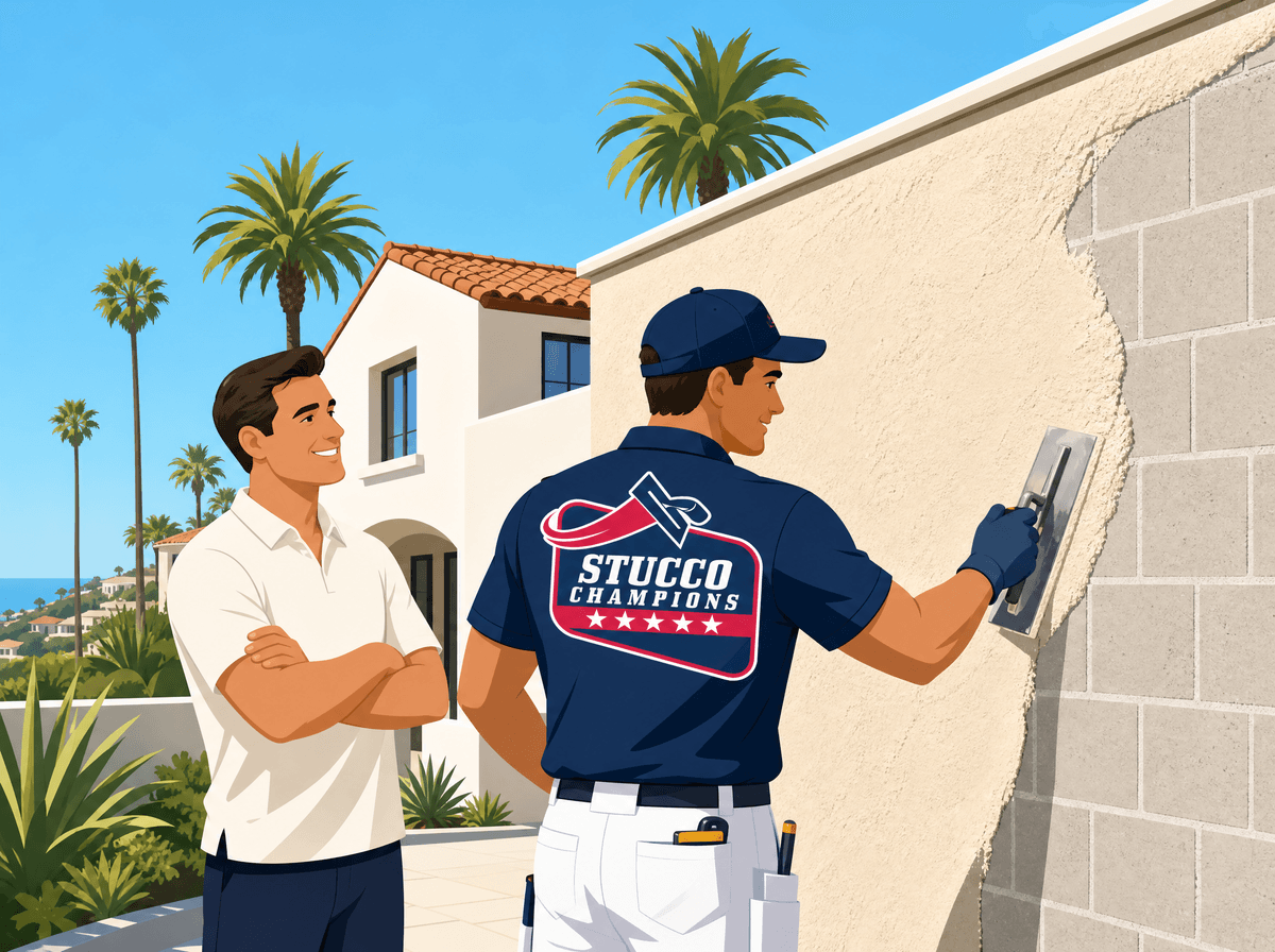 A professional Stucco Champions technician applying fresh stucco to a residential exterior wall using a trowel, while a smiling homeowner watches. In the background, a branded company van is parked in the driveway of a beautiful, modern home on a sunny day.