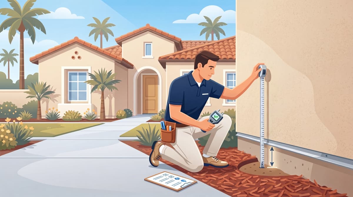 Stucco inspector measuring vertical weep screed clearance at the base of a Southern California stucco home to check moisture drainage space.