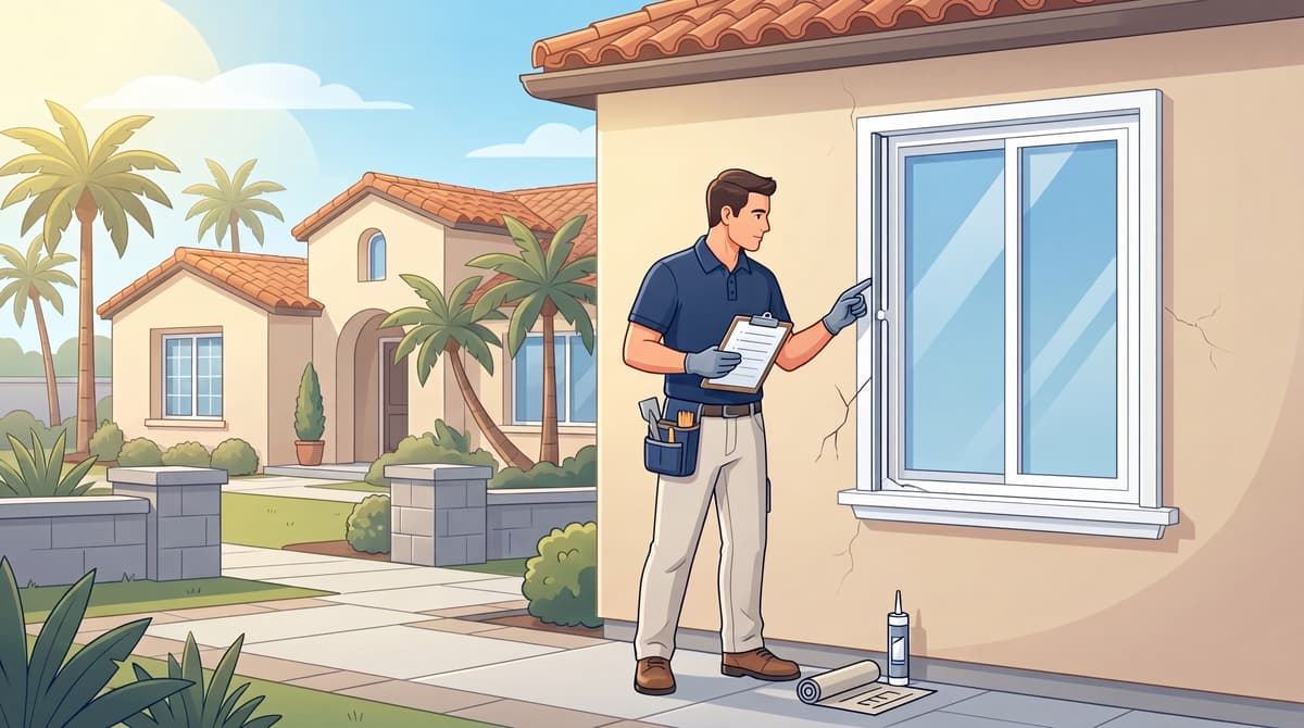 Stucco inspector checking plaster stop trim around a window on a Southern California home to prevent cracking and moisture intrusion.