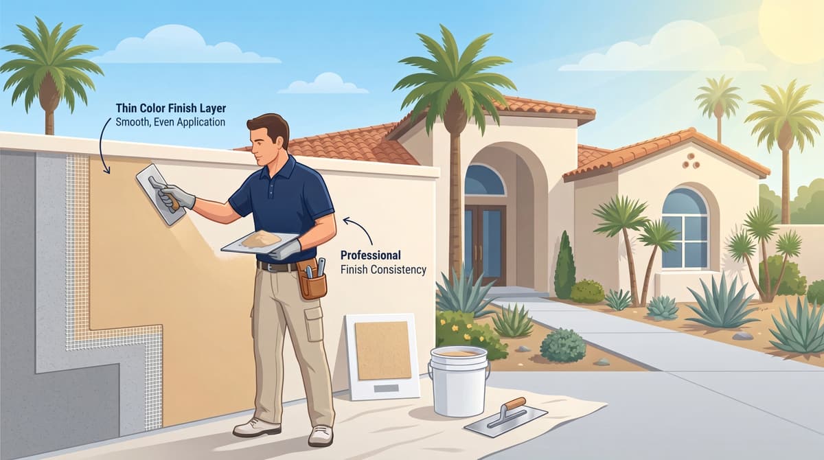 Stucco contractor applying a thin, even color finish coat to a Southern California home exterior for a smooth, consistent final texture.