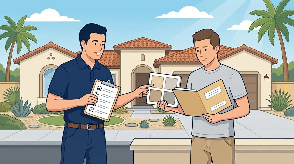Stucco contractor showing texture samples and repair checklist to a homeowner outside a Southern California stucco home