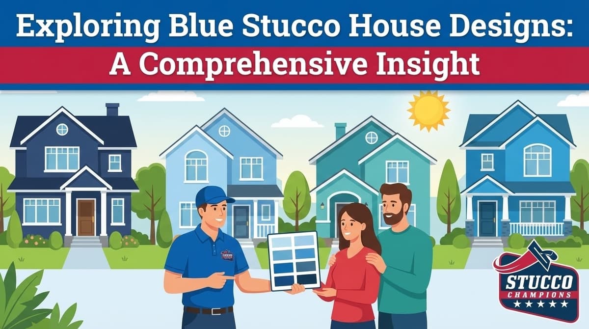 A professional visual guide from Stucco Champions titled "Exploring Blue Stucco House Designs: A Comprehensive Insight," showing a contractor presenting a blue color palette to a couple in front of four different blue-toned residential homes.