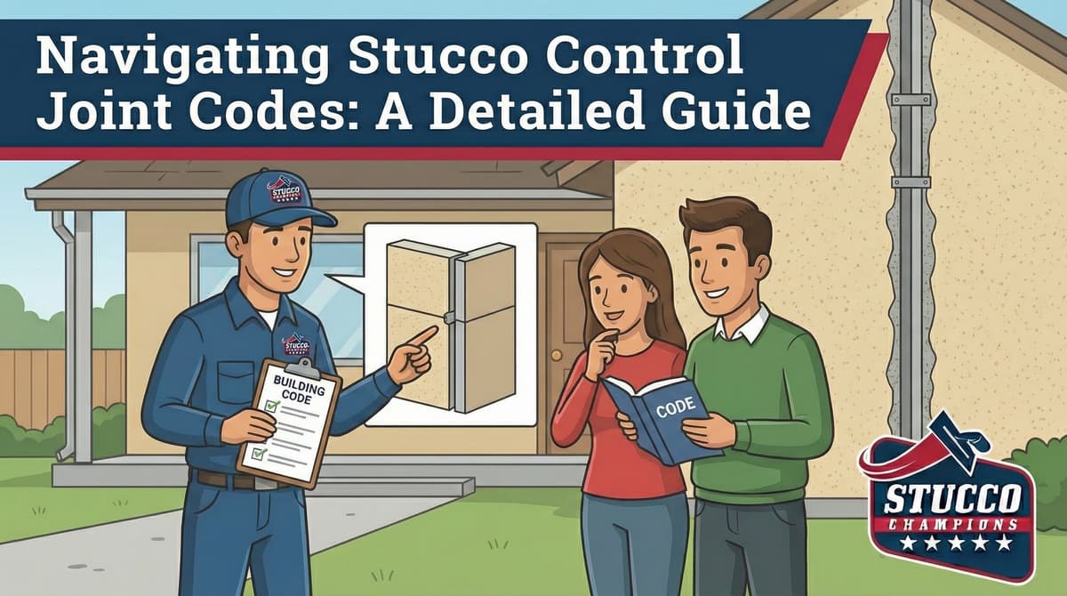 A professional technical infographic from Stucco Champions titled "Navigating Stucco Control Joint Codes: A Detailed Guide," showing a contractor pointing to a building code checklist while explaining a vertical control joint diagram to a couple in front of a residential home.