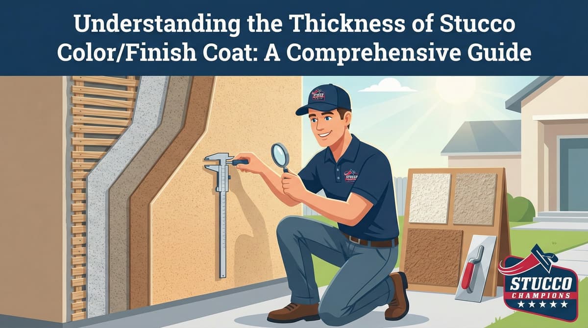 A professional technical infographic from Stucco Champions titled "Understanding the Thickness of Stucco Color/Finish Coat: A Comprehensive Guide," showing a contractor using a magnifying glass and a vertical caliper to measure the layers of a multi-coat system on an exterior wall.