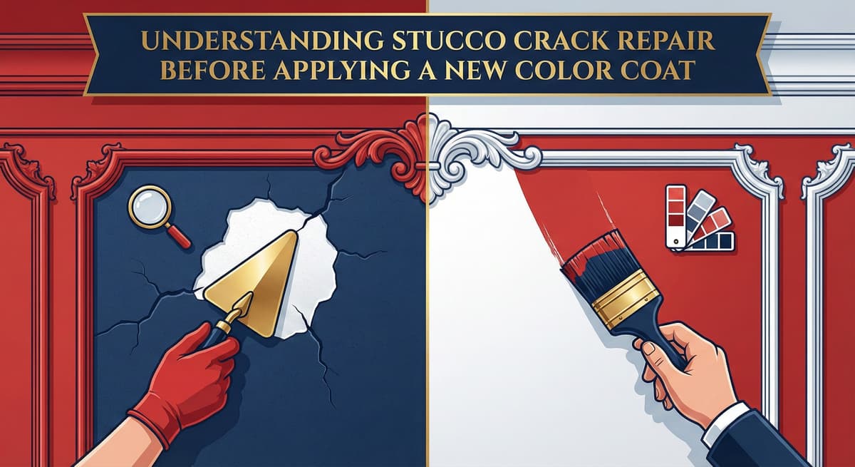 Understanding stucco crack repair before applying new color coat to prevent water infiltration through damaged areas