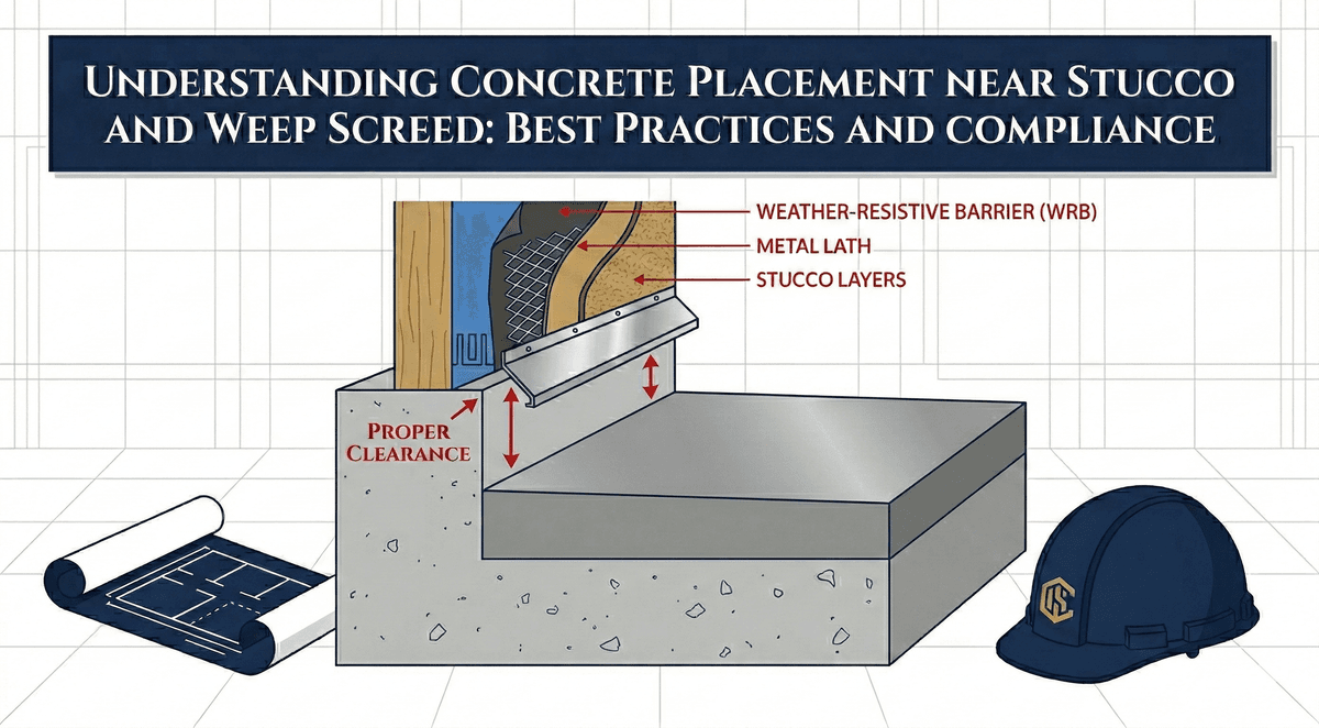 Technical illustration of new stucco weep screed clearance above concrete for Southern California homes by Stucco Champions.
