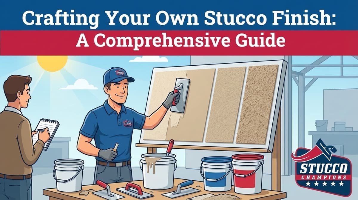 A professional instructional guide from Stucco Champions titled "Crafting Your Own Stucco Finish: A Comprehensive Guide," showing a technician applying different textures to a sample board while a student takes notes.