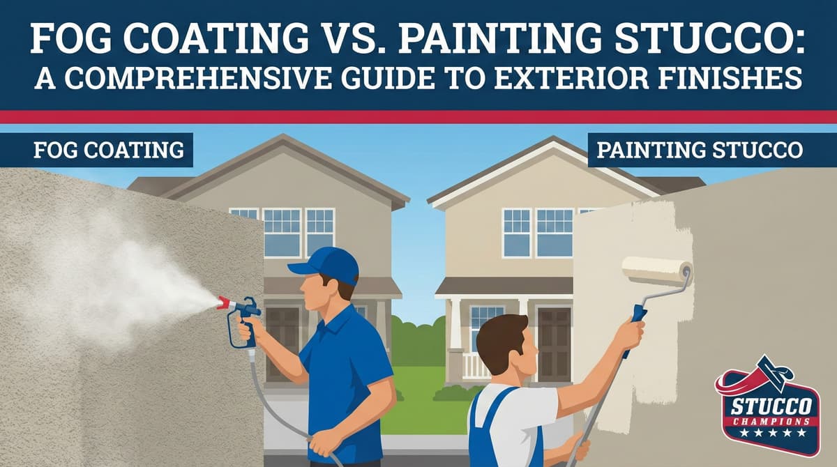 An educational infographic titled "Fog Coating vs. Painting Stucco" featuring a Stucco Champions expert comparing cement-based fog coating with acrylic-based painting finishes.