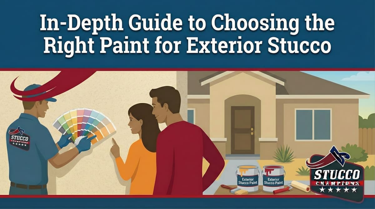A professional visual guide from Stucco Champions titled "In-Depth Guide to Choosing the Right Paint for Exterior Stucco," showing a contractor presenting a wide color fan to a couple in front of a modern desert-style home.