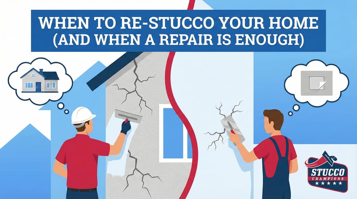 A professional technical infographic from Stucco Champions titled "When to Re-Stucco Your Home (and When a Repair is Enough)," featuring a split-screen comparison: the left side shows a contractor in a white hard hat applying a full resurface to a wall with extensive spiderweb cracks, while the right side shows a technician in a red shirt performing a localized patch on a minor crack.