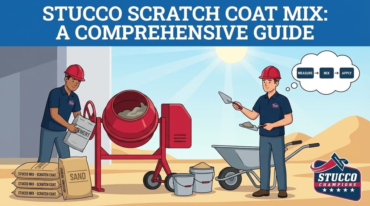 A professional technical infographic from Stucco Champions titled "Stucco Scratch Coat Mix: A Comprehensive Guide," showing one contractor pouring a bag of cement into a red motorized mixer and another contractor holding a trowel near a wheelbarrow; a thought bubble outlines a three-step workflow: Measure, Mix, and Apply.