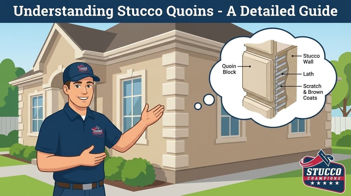 A professional technical infographic from Stucco Champions titled "Understanding Stucco Quoins - A Detailed Guide," featuring a contractor gesturing toward the decorative stone-like corner blocks of a large home, with a thought bubble showing a cross-section of a Quoin Block, Stucco Wall, Lath, and Scratch & Brown Coats.