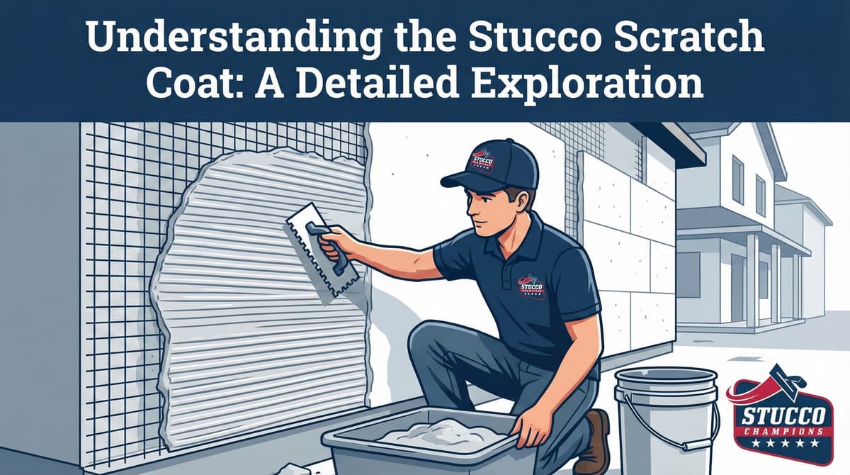 A professional technical infographic from Stucco Champions titled "Understanding the Stucco Scratch Coat: A Detailed Exploration," showing a contractor in a branded polo and cap applying a thick, horizontally grooved cementitious layer over metal wire lath on an exterior residential wall.