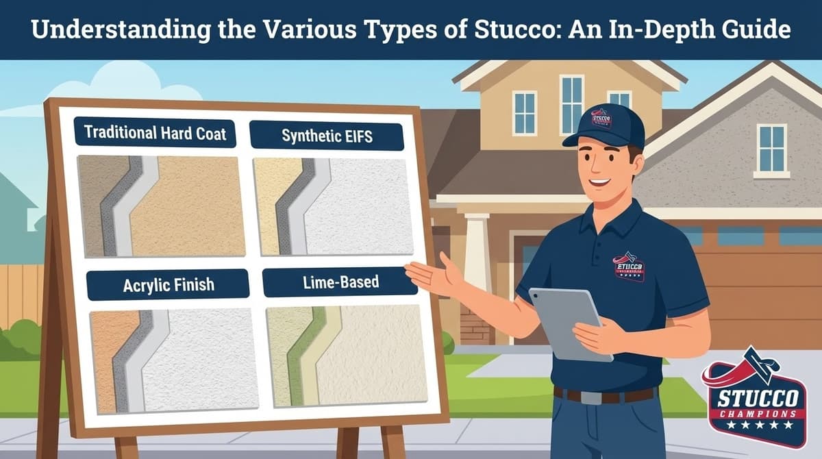 A professional technical infographic from Stucco Champions titled "Understanding the Various Types of Stucco: An In-Depth Guide," showing a contractor with a digital tablet pointing to a display board featuring four system cross-sections: Traditional Hard Coat, Synthetic EIFS, Acrylic Finish, and Lime-Based stucco.