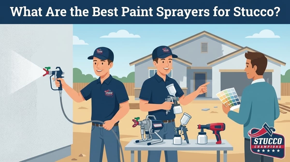 A professional technical infographic from Stucco Champions titled "What Are the Best Paint Sprayers for Stucco?" featuring two contractors in branded uniforms: one using a long-hose airless sprayer on a light-colored home and another presenting a table with three different sprayer models (HVLP and handheld) to a client holding a color palette.