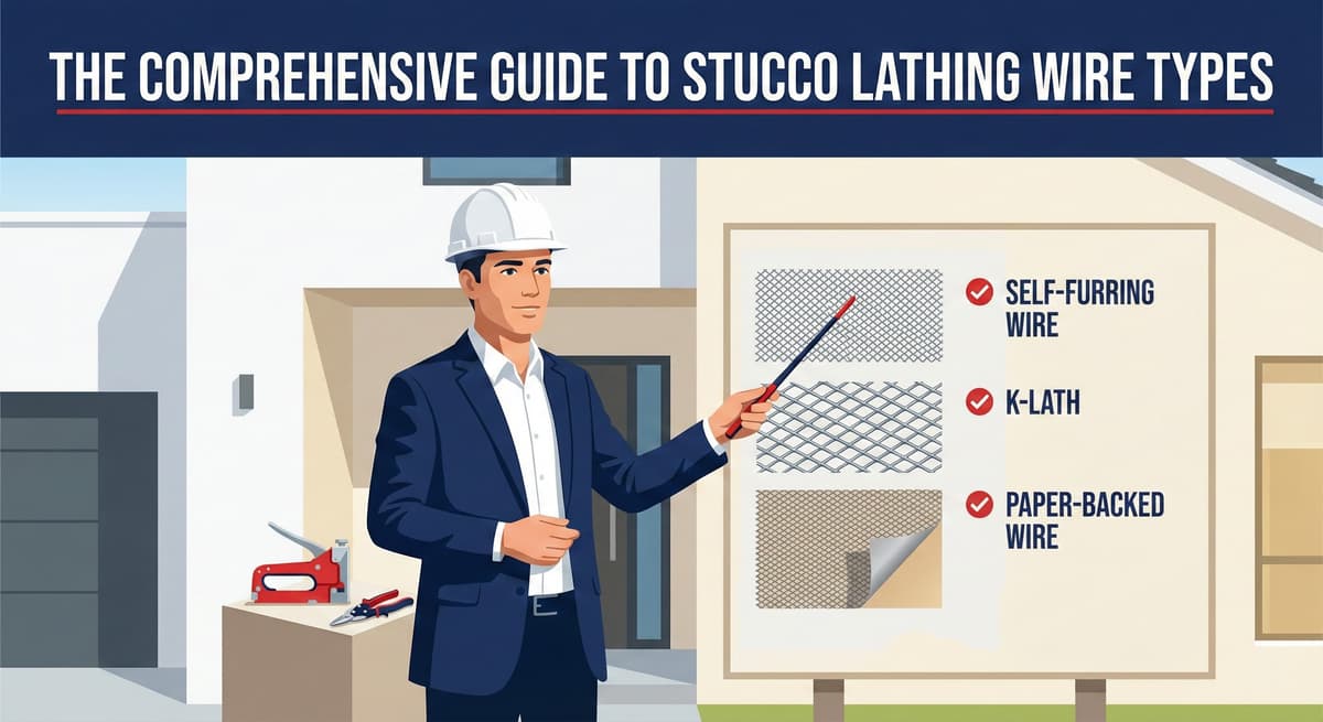 Stucco Champions contractor pointing to a guide board displaying self-furring wire, K-lath, and paper-backed wire mesh samples.