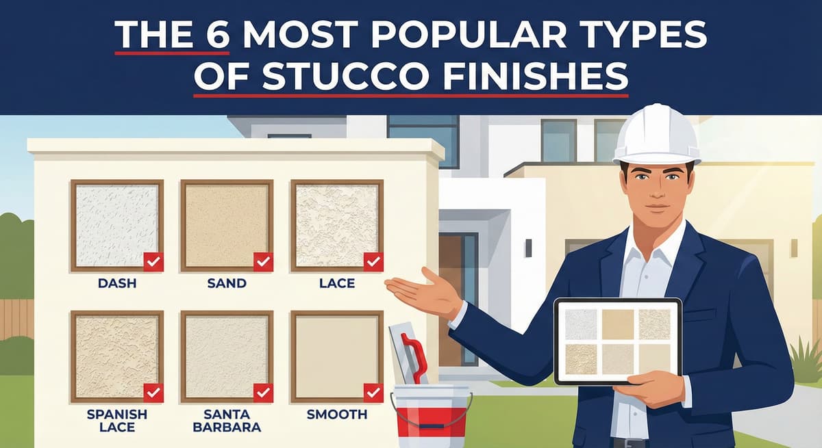 Stucco Champions infographic displaying the six most popular stucco textures: Dash, Sand, Lace, Spanish Lace, Santa Barbara, and Smooth.