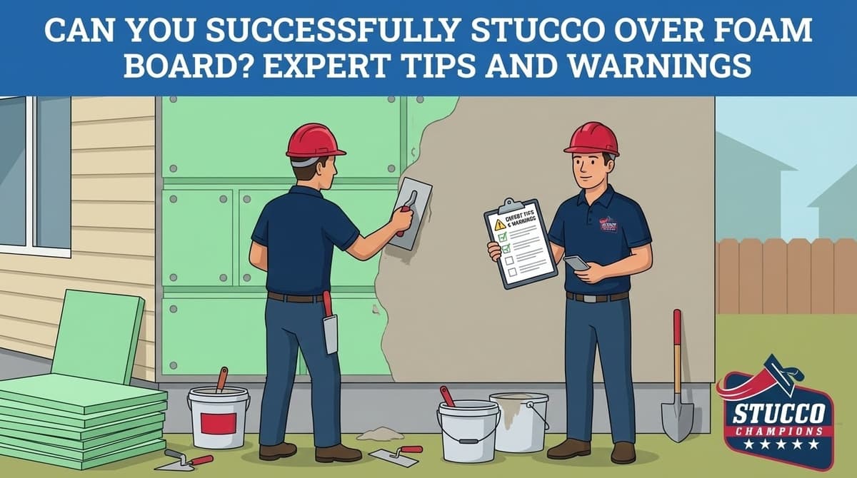 A professional technical infographic from Stucco Champions titled "Can You Successfully Stucco Over Foam Board? Expert Tips and Warnings," showing one contractor applying a base coat over green rigid foam insulation panels while another contractor holds an "Expert Tips & Warnings" checklist in front of a residential home.