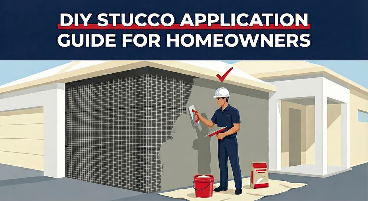 Stucco Champions DIY guide showing a homeowner applying a stucco scratch coat over wire lath using a hawk and trowel.