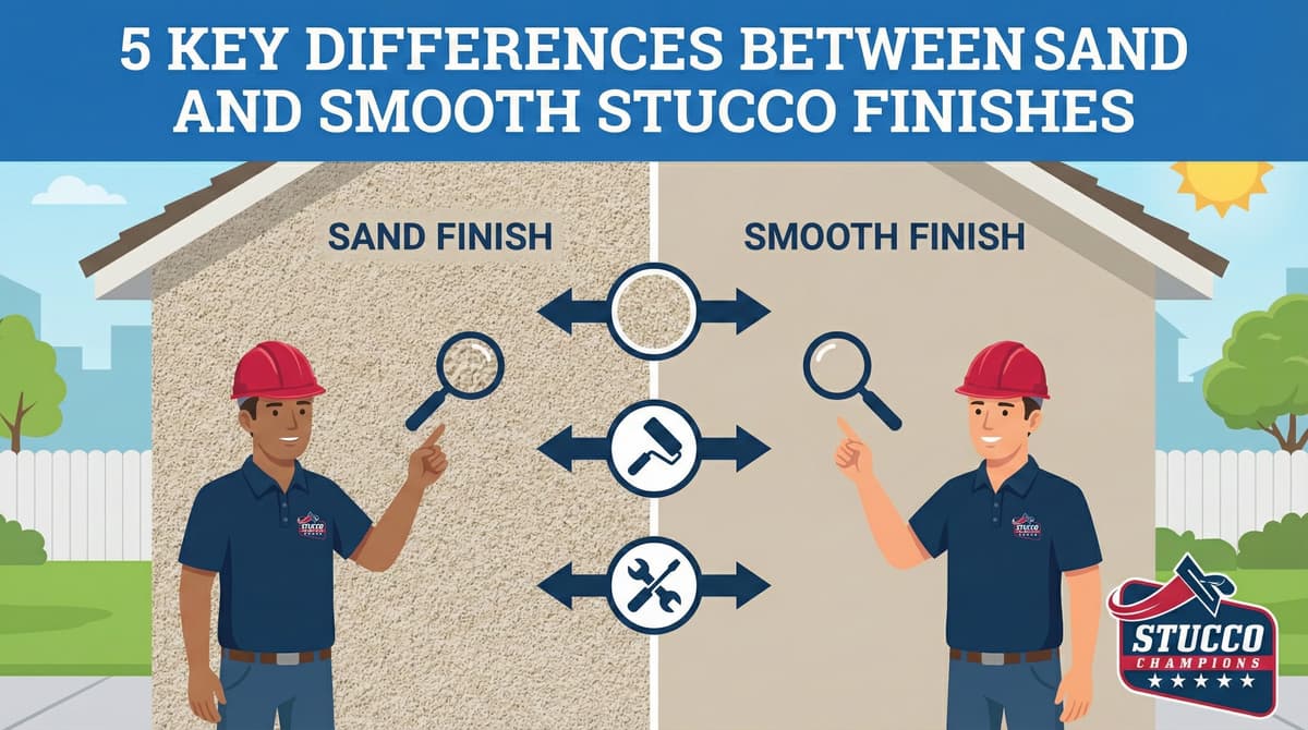 A professional technical infographic from Stucco Champions titled "5 Key Differences Between Sand and Smooth Stucco Finishes," featuring a side-by-side comparison of a textured sand finish and a sleek smooth finish on a residential exterior, with two contractors pointing to icons for texture, application, and maintenance.