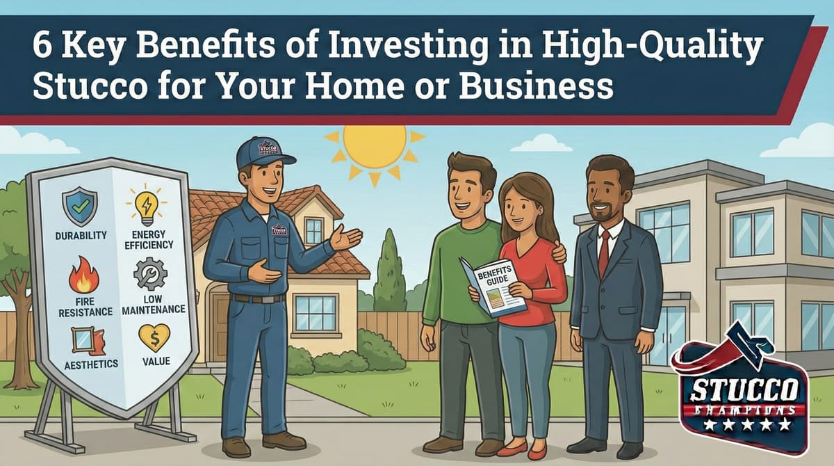 A professional technical infographic from Stucco Champions titled "6 Key Benefits of Investing in High-Quality Stucco for Your Home or Business," showing a contractor presenting a shield-shaped display board with six icons to a couple and a businessman.