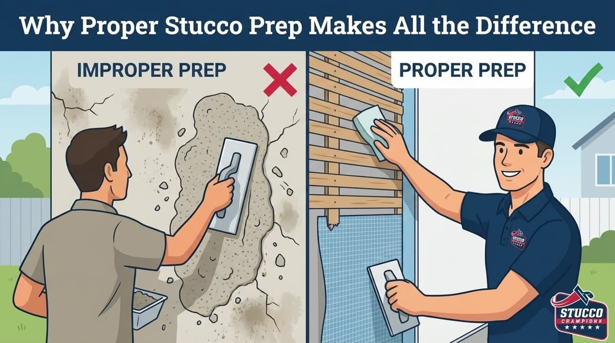 A professional side-by-side technical infographic from Stucco Champions titled "Why Proper Stucco Prep Makes All the Difference," showing an untrained individual struggling with "Improper Prep" on a cracked wall versus a branded professional performing "Proper Prep" by carefully cleaning wood lath and applying a smooth base coat.