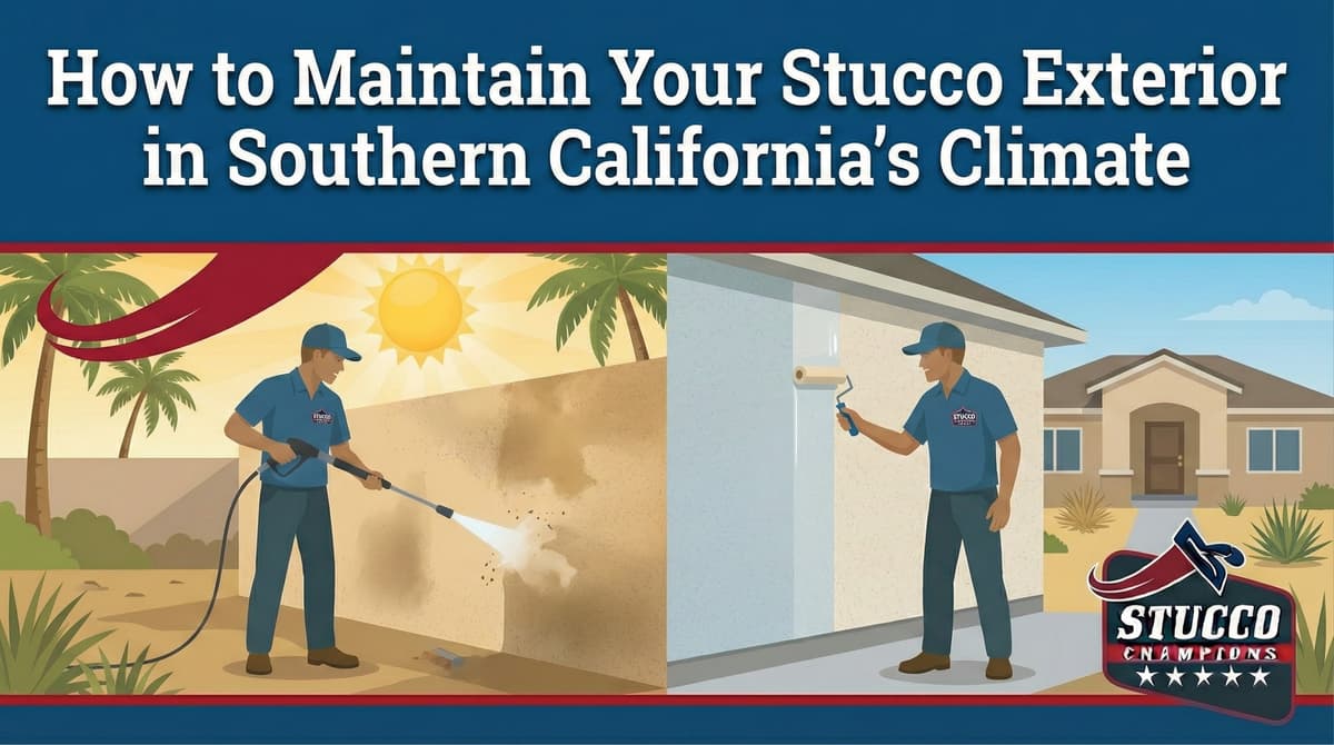 A professional visual guide from Stucco Champions titled "How to Maintain Your Stucco Exterior in Southern California's Climate," showing a technician power washing a desert-faded wall and another applying a fresh coat of protective paint to a modern ranch-style home.