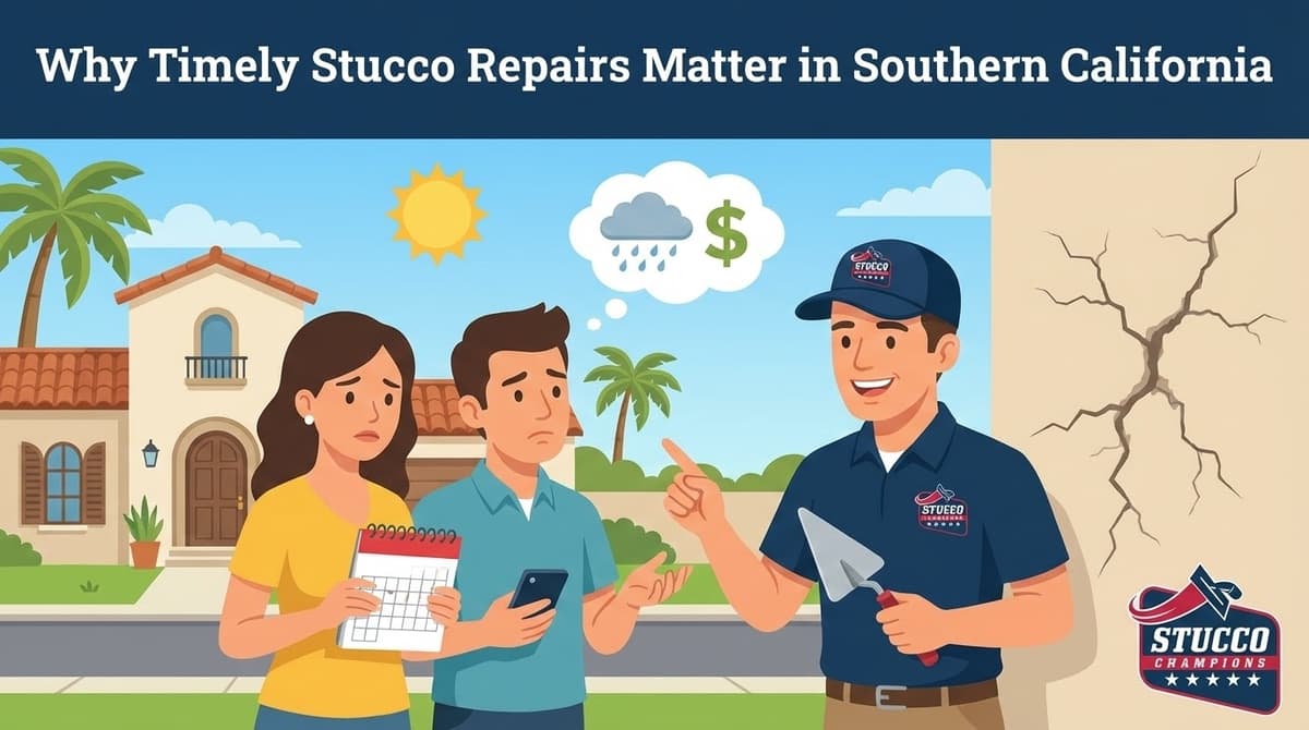 A professional technical infographic from Stucco Champions titled "Why Timely Stucco Repairs Matter in Southern California," showing a contractor with a trowel explaining the risks of wall cracks to a worried couple holding a calendar and smartphone, while a thought bubble illustrates rain and financial costs.