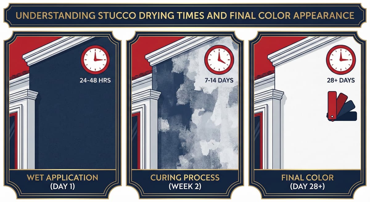 Understanding stucco drying times from wet application through curing process to final color appearance after 28 days