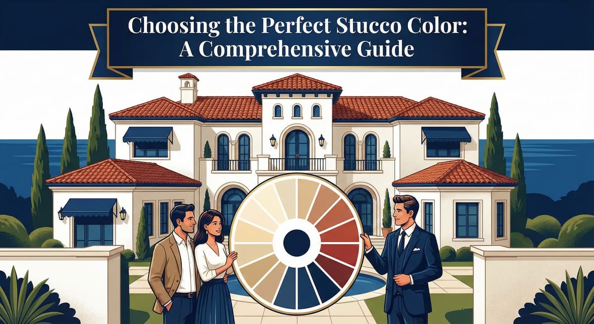 Choosing the perfect stucco color comprehensive guide showing Mediterranean style home with color wheel consultation