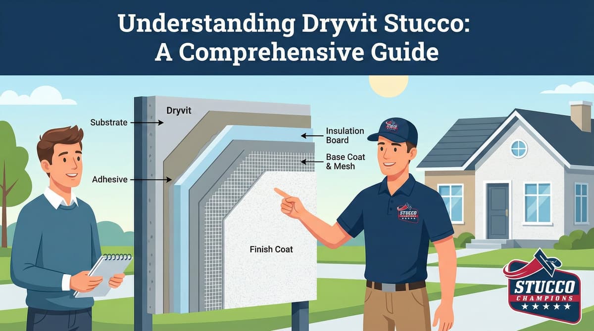 A professional technical infographic from Stucco Champions titled "Understanding Dryvit Stucco: A Comprehensive Guide," showing a contractor pointing to a detailed wall cross-section that labels the layers of an EIFS system: Substrate, Adhesive, Dryvit, Insulation Board, Base Coat & Mesh, and Finish Coat.