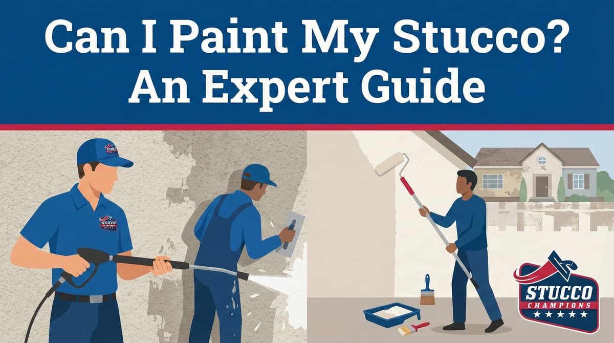 A professional expert guide from Stucco Champions titled "Can I Paint My Stucco?" showing a technician power washing a wall and a contractor applying a fresh coat of paint to a residential exterior.