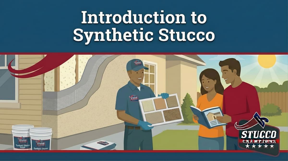 A professional technical guide from Stucco Champions titled "Introduction to Synthetic Stucco," showing a contractor holding a display board of texture samples for a couple while a cross-section of a multi-layered EIFS wall system is visible in the background.