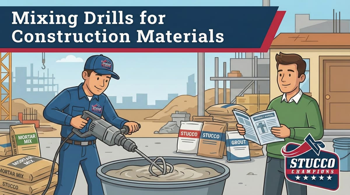 A professional technical infographic from Stucco Champions titled "Mixing Drills for Construction Materials," showing a contractor using a heavy-duty paddle mixer in a tub while a homeowner reviews a product manual near bags of Stucco, Mortar Mix, and Grout.