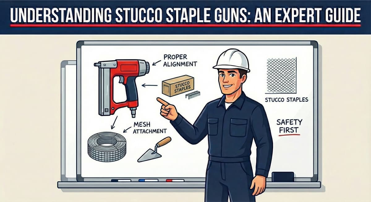 Stucco Champions expert guide on a whiteboard showing a red pneumatic staple gun, stucco staples, and proper mesh attachment techniques.