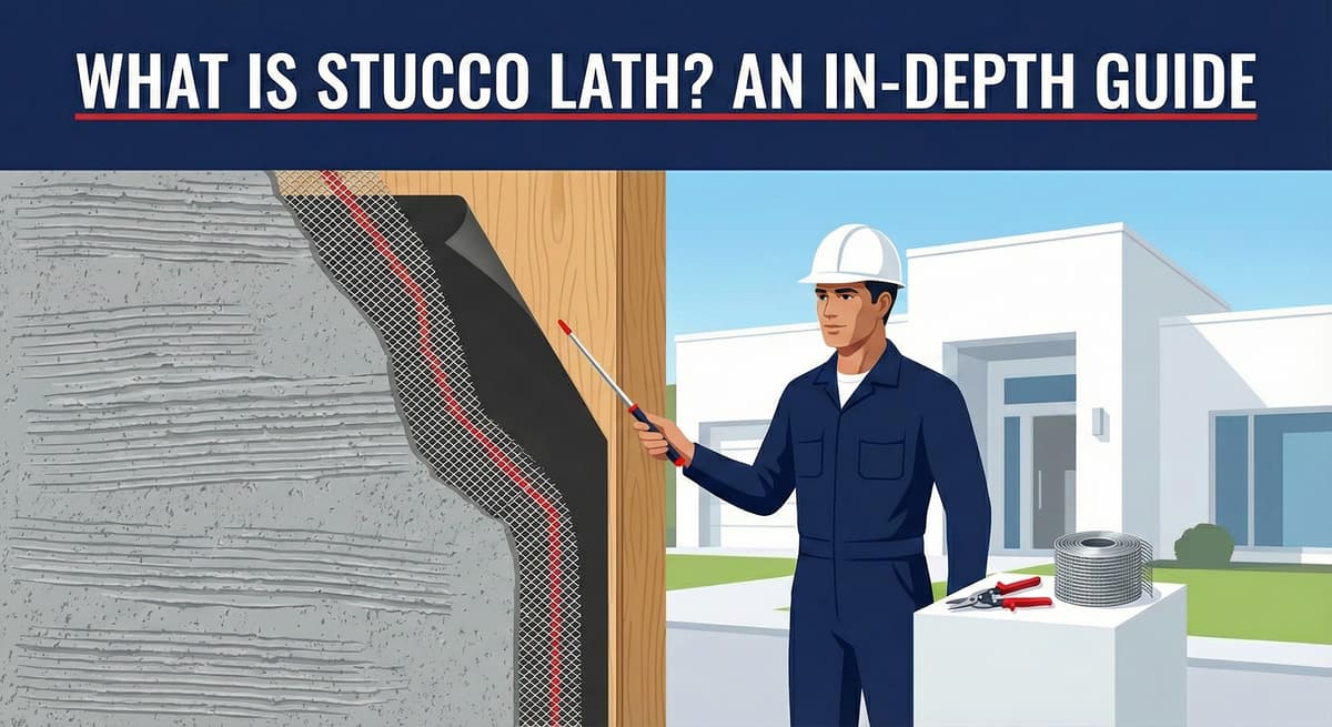 Stucco Champions contractor explaining stucco lath layers using a wall cross-section diagram showing wire mesh and moisture barrier.