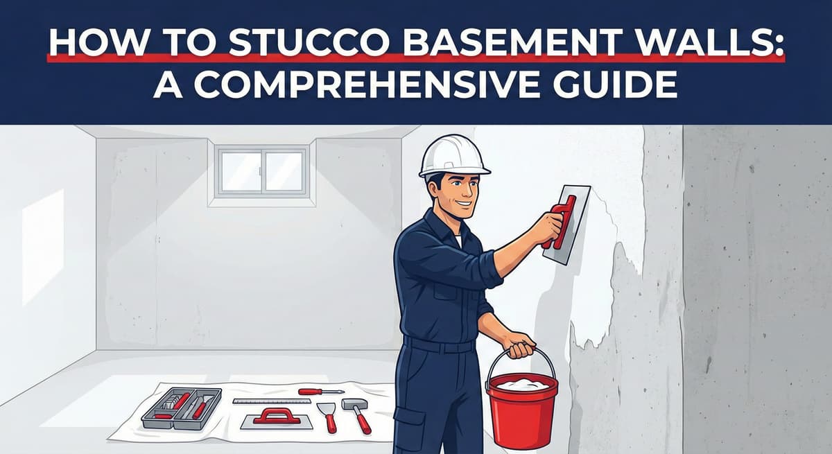 Stucco Champions contractor applying stucco to a concrete basement wall using a trowel, with essential tools laid out on a drop cloth.
