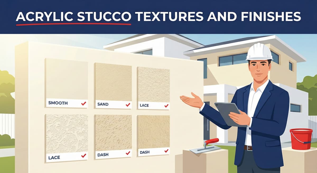 Stucco Champions contractor displaying a sample board of acrylic stucco textures including Smooth, Sand, Lace, and Dash.