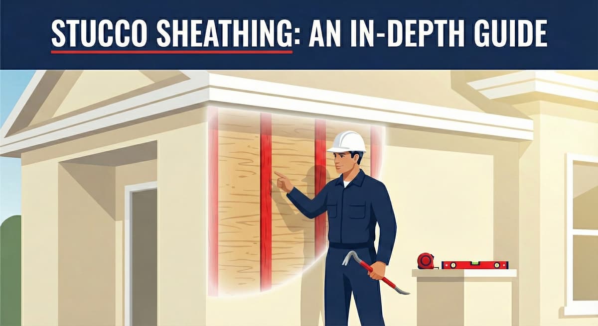 Stucco Champions contractor holding a pry bar and pointing to the exposed wood sheathing layer behind a stucco wall.