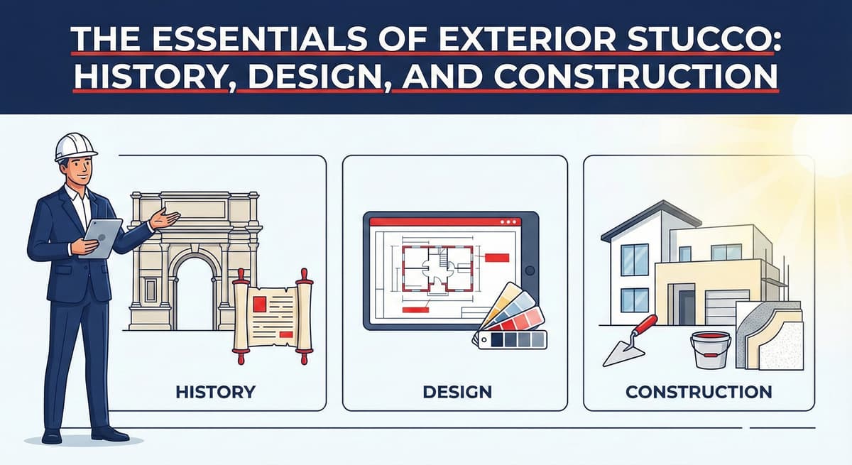 Stucco Champions infographic illustrating the history, design blueprints, and construction materials of exterior stucco.