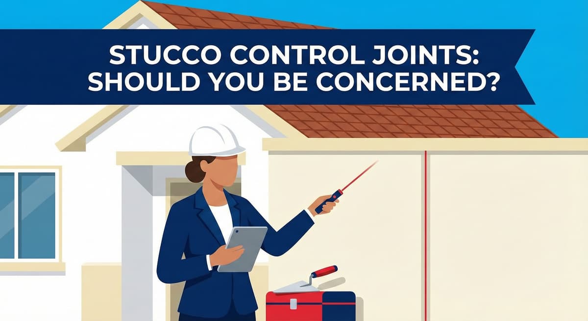 A female building inspector or contractor, wearing a hardhat, points to a vertical control joint line on a beige stucco wall while holding a tablet. The image addresses concerns about stucco control joints.